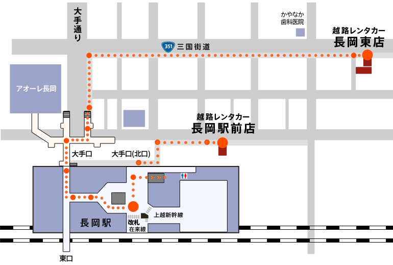 長岡駅から長岡駅前店・長岡東店までのルート